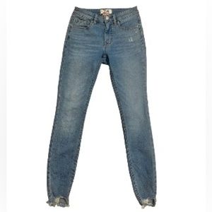 We The Free CRVY cropped ankle skinny jeans distressed raw hem light blue wash